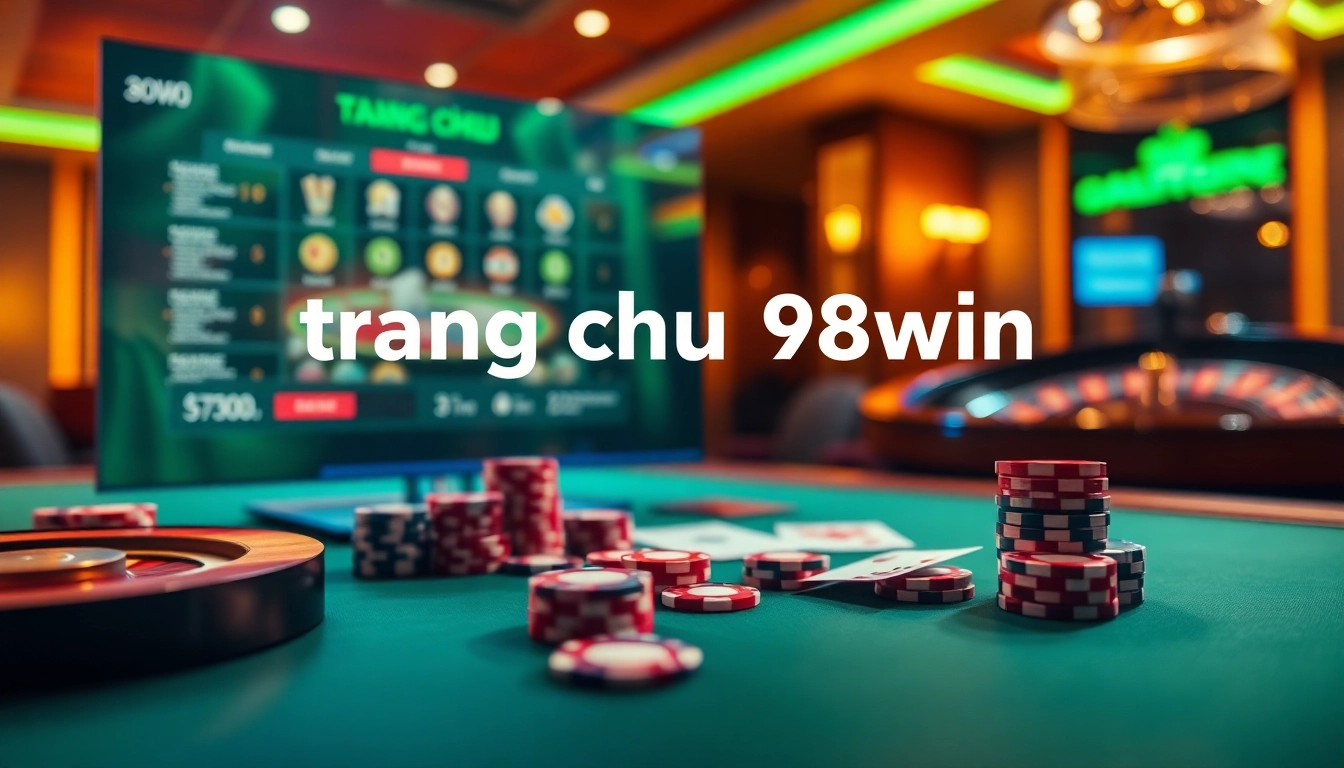 Experience the thrill of online gambling with the lively scene depicting trang chu 98win filled with poker chips and roulette tables.