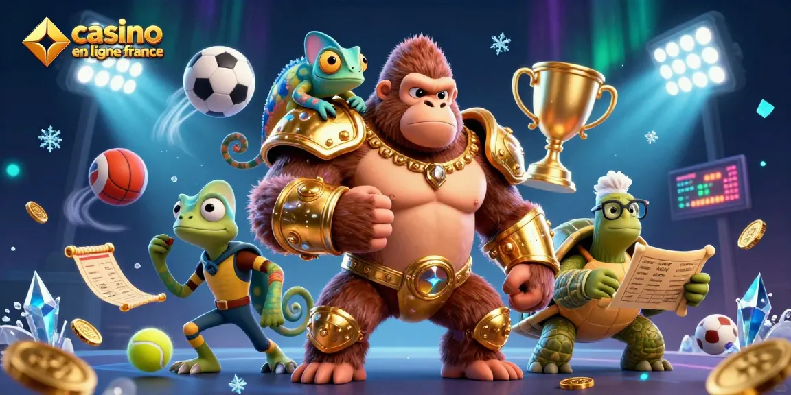 Jouez sur le casino en ligne France avec une illustration dynamique des personnages et éléments de jeu.