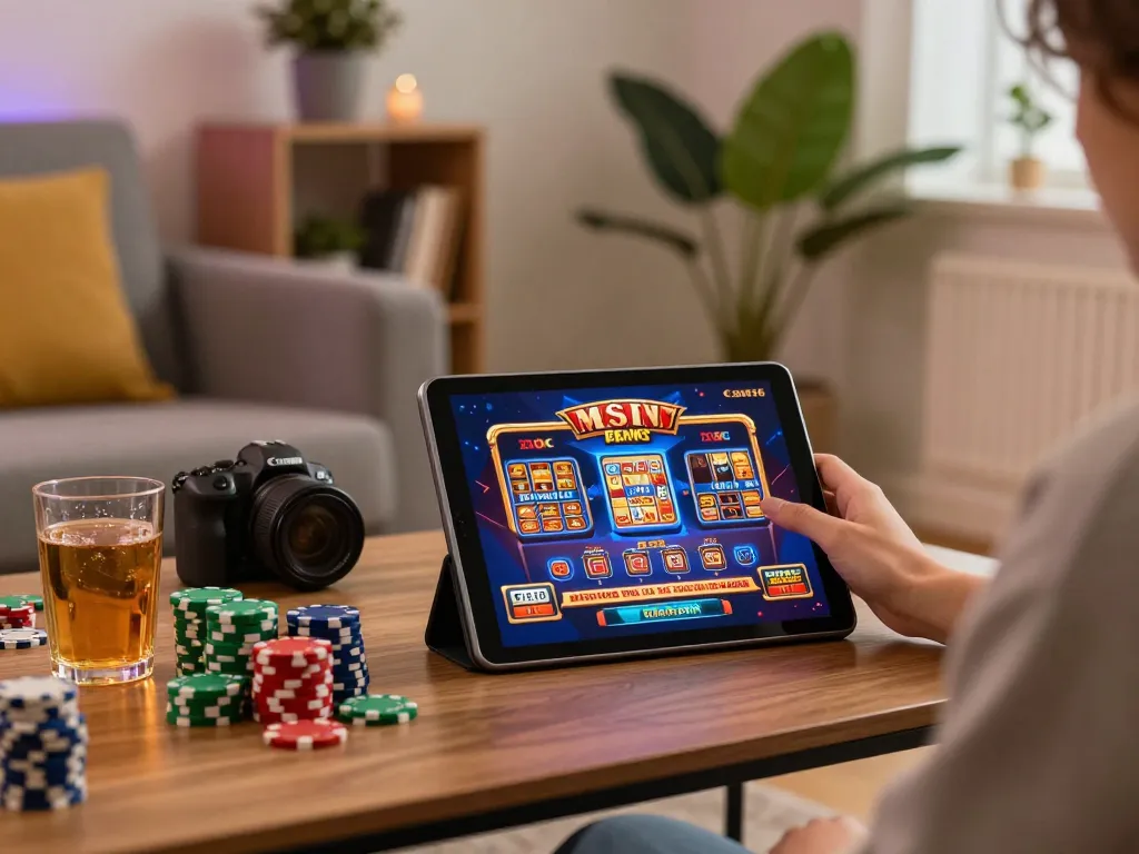 Player enjoying online casino games on tablet at home, showcasing responsible gambling with dh 88 focus.