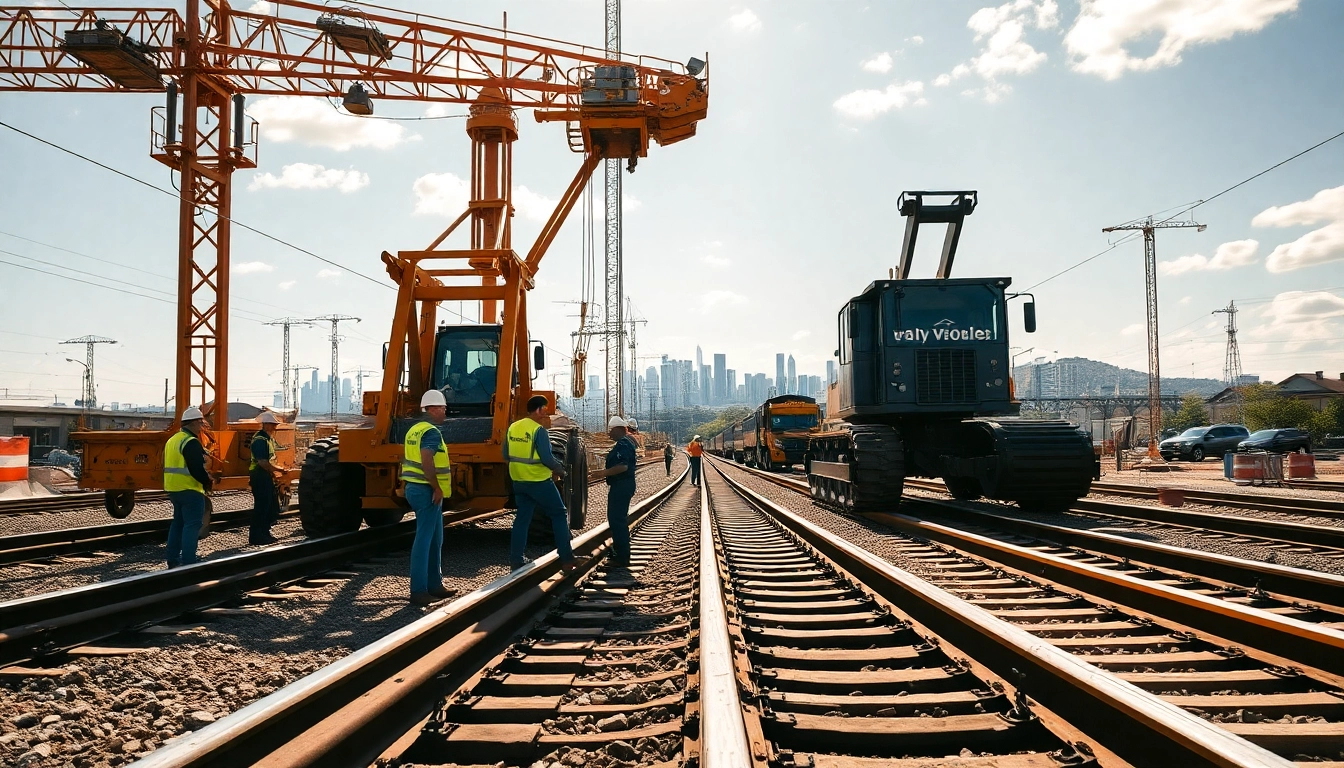 Railroad Contractors Near Me collaborating on a construction site with heavy machinery.