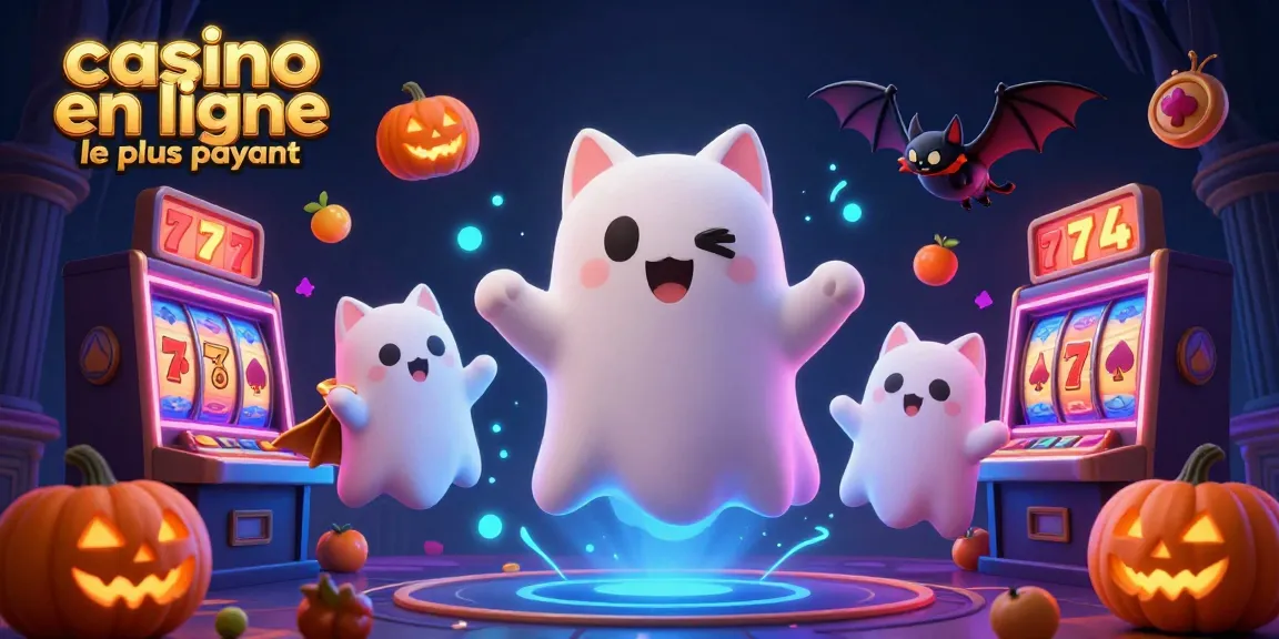 Illustration d'un casino en ligne le plus payant avec un chat fantôme et des éléments de jeu dynamiques.