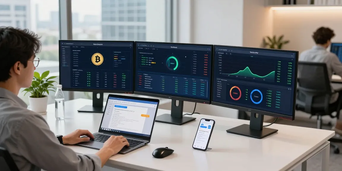 Cloud mining site revenue dashboard on multiple screens within a modern cryptocurrency workspace, showcasing Bitcoin statistics and blockchain metrics.