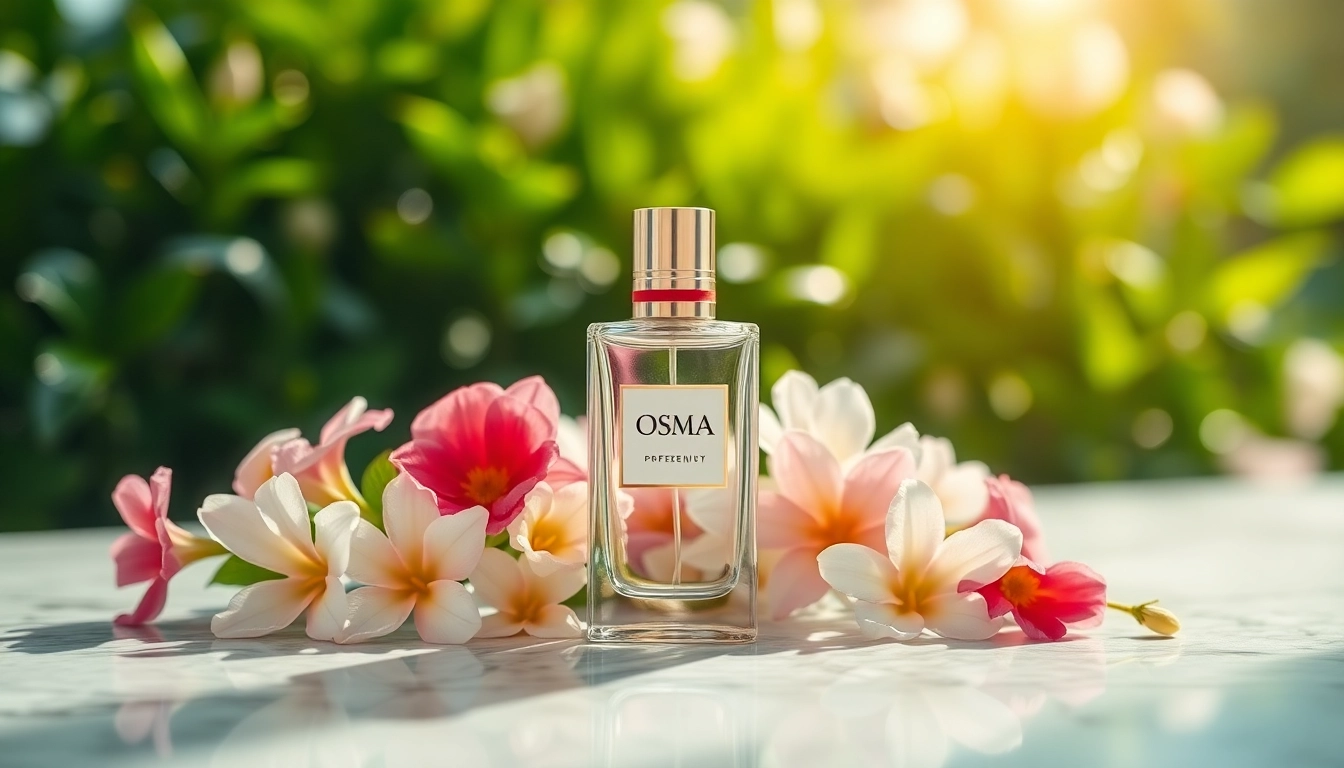 Osma parfum flacon omgeven door kleurrijke bloemen, perfect voor een luxueuze sfeer.