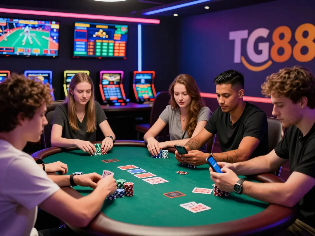 Engaged players enjoying the TG88 online casino experience with poker and vibrant lights.