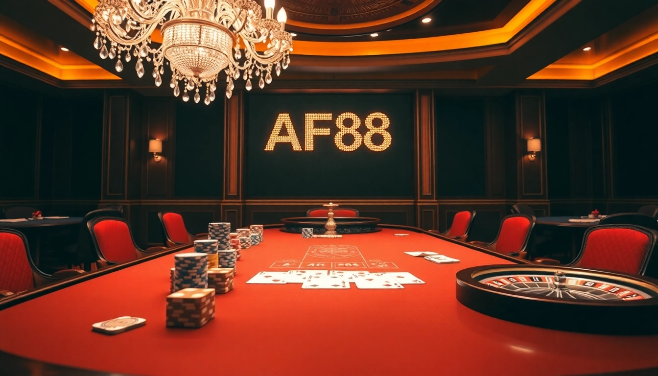 Action-packed poker scene featuring AF88 chips, cards, and roulette wheel in a luxury casino.