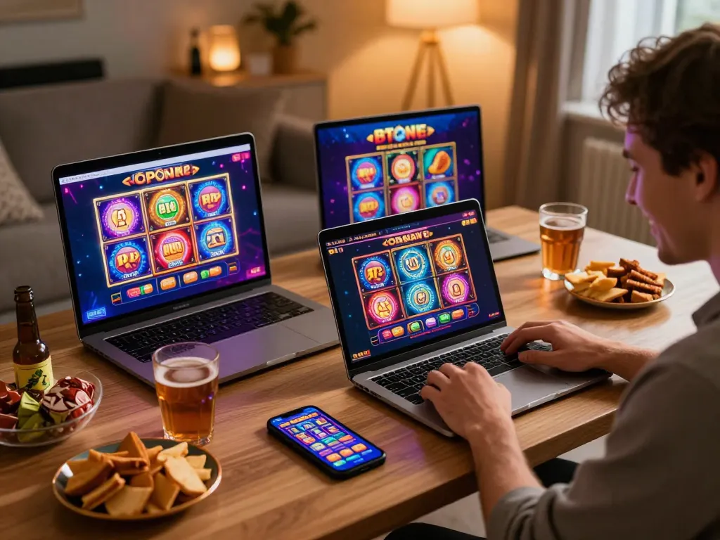 Engaging online gaming session at 92slot with vibrant slot interfaces and cozy atmosphere.