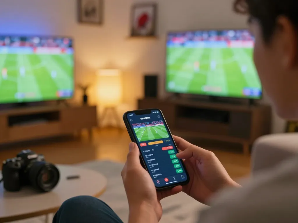 Person engaging in sports betting on LV88 app, showcasing dynamic sporting event interface on smartphone.