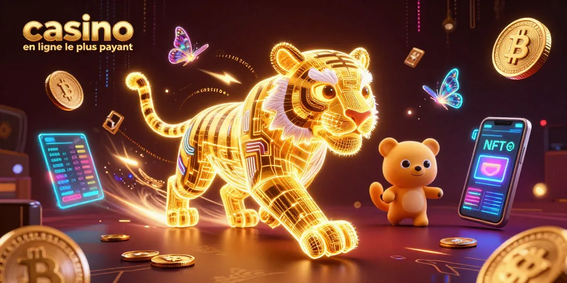 Illustration dynamique du casino en ligne le plus payant avec un tigre doré et des pièces de crypto-monnaie.