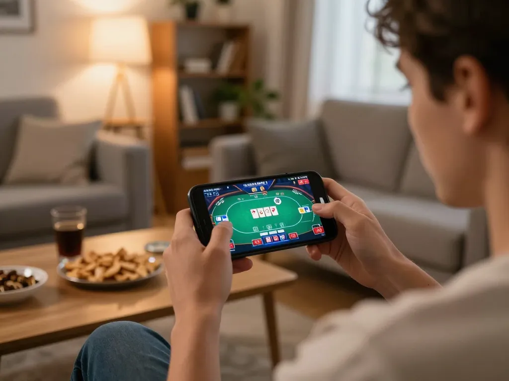 Experience dynamic online poker gaming with du88 on a smartphone in a cozy living room setting