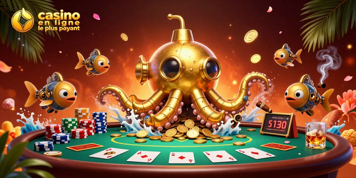 Illustration présentant le casino en ligne le plus payant, avec un kraken doré entouré de jetons et cartes de poker.