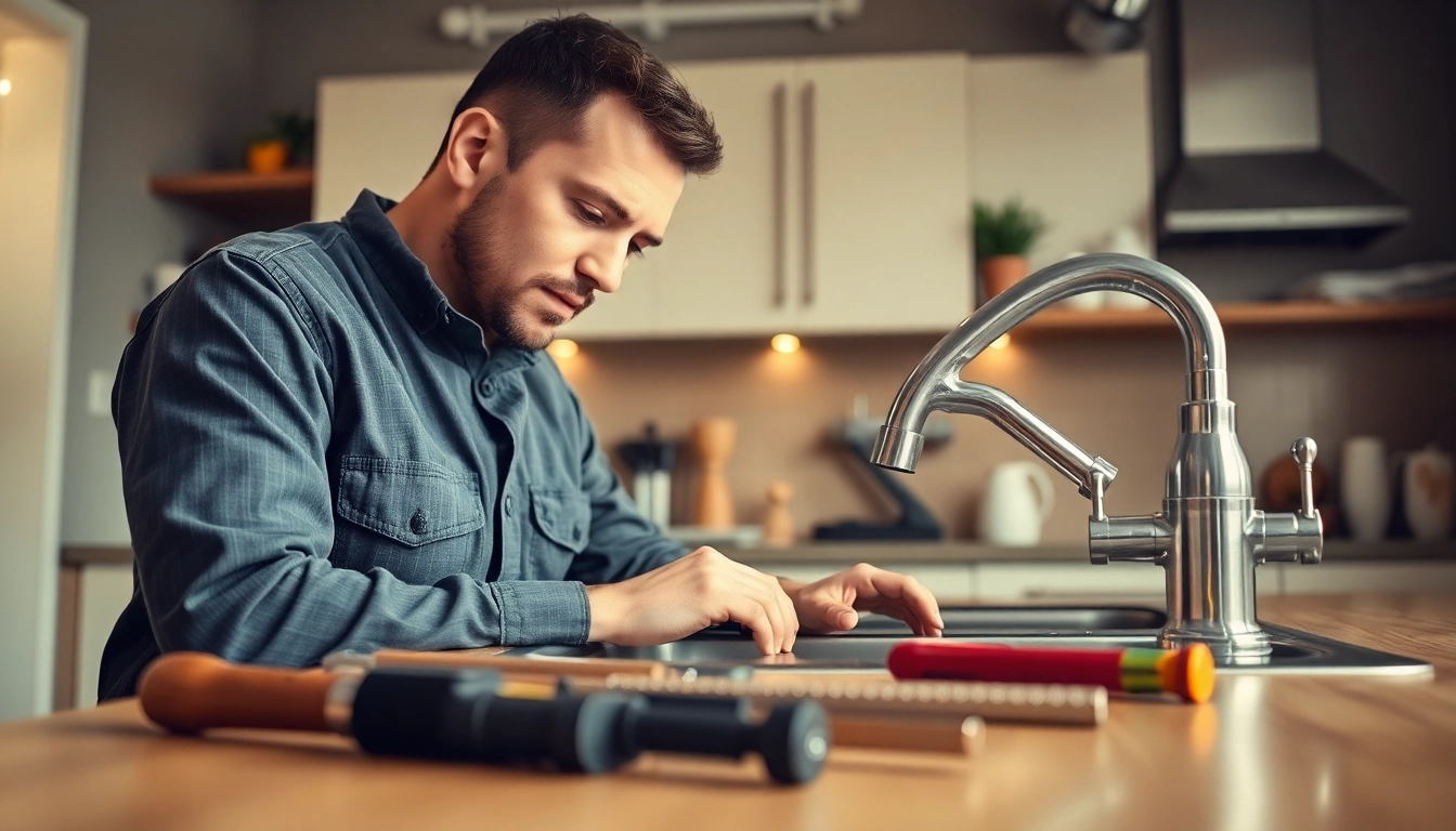 Trustworthy plumber near me fixing a kitchen sink in a warm, inviting home.