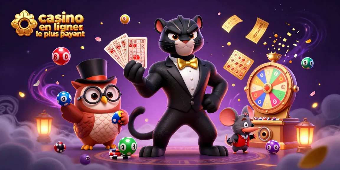 Illustration casino en ligne le plus payant avec une panthère, un hibou et une souris entourés d'éléments de jeu