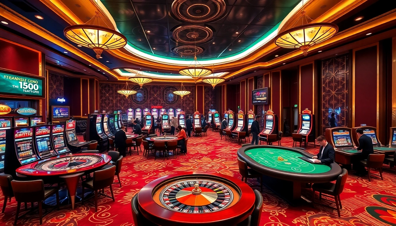 Experience the excitement of trang chủ kjc with luxurious casino gaming elements and gamblers engaged in action.