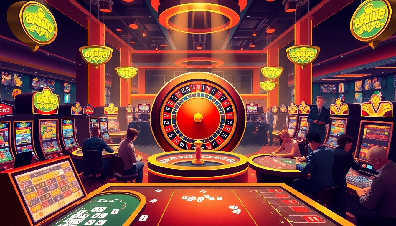 Vào lưới TV scene showing gamblers enjoying vibrant casino games with roulette and slot machines.