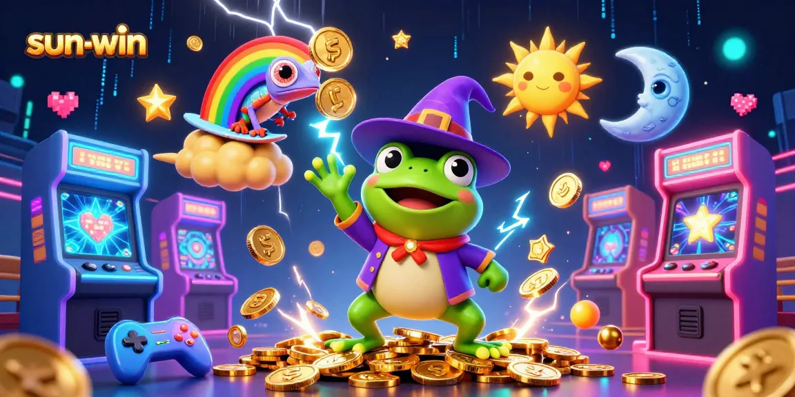 Experience the thrill of gaming with the sun-win wizard frog amidst a storm of coins.