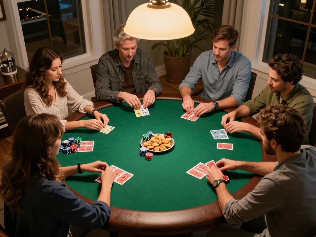 Engaged friends in a home poker game scene showcasing strategic bets and social bonding at 5679z.
