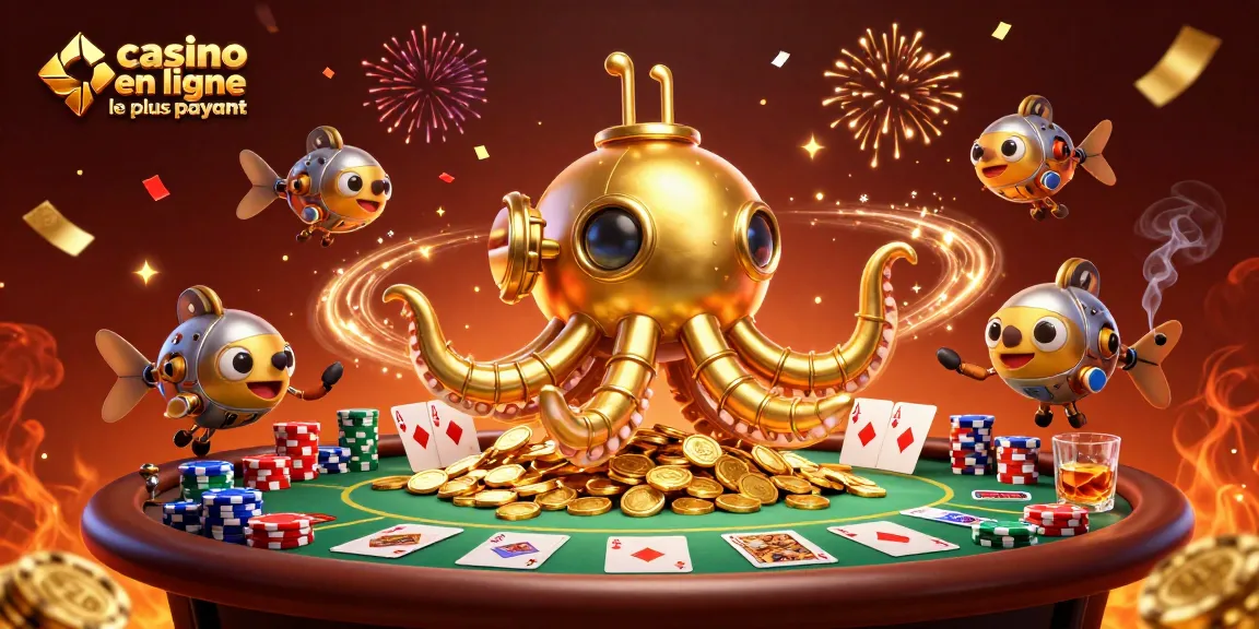 Profitez du casino en ligne le plus payant entouré de poissons mécaniques et d'or, avec des éléments de poker captivants.