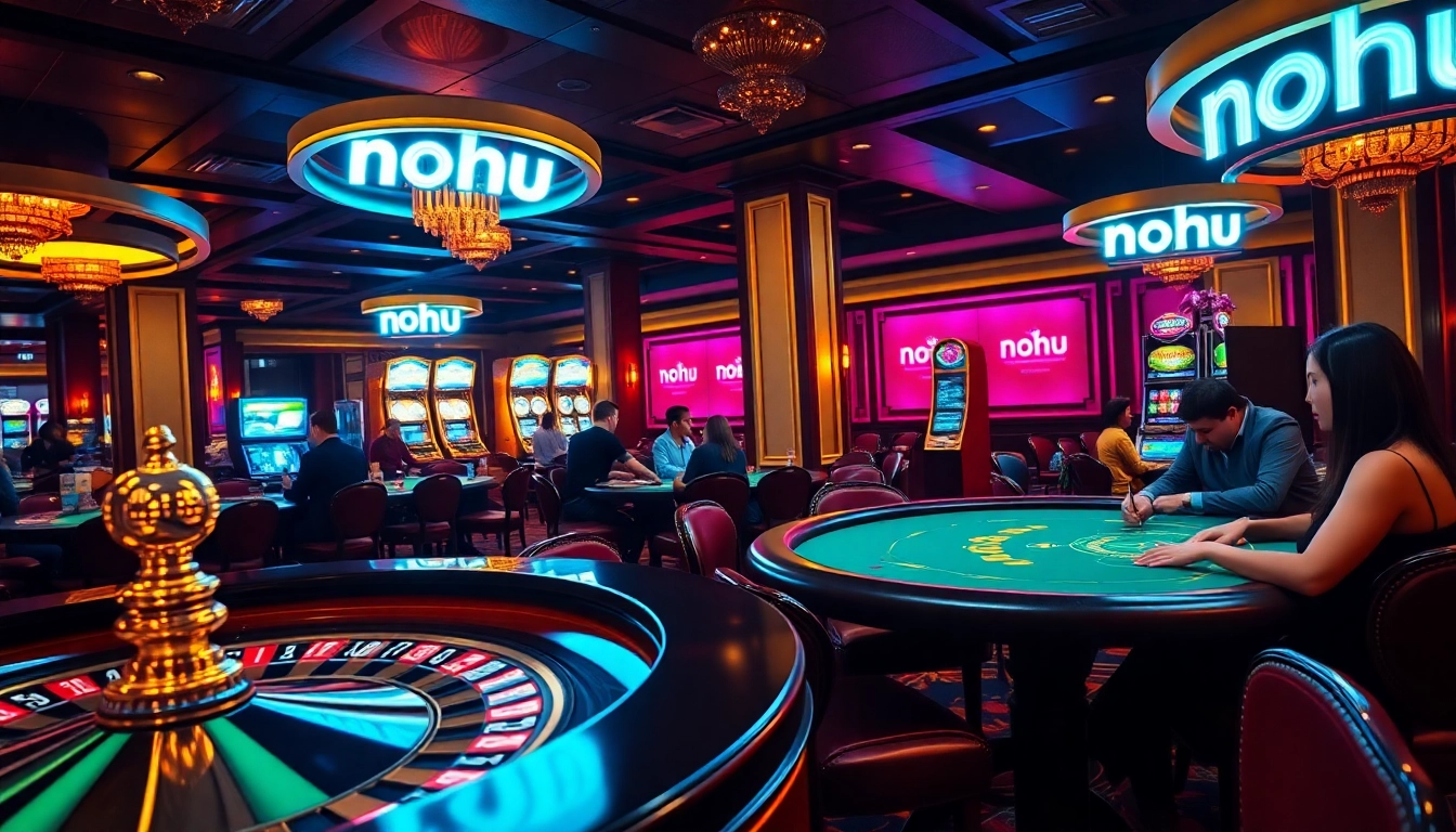 Action-packed view of a casino with lively games, showcasing the keyword nohu in a neon-themed decor.