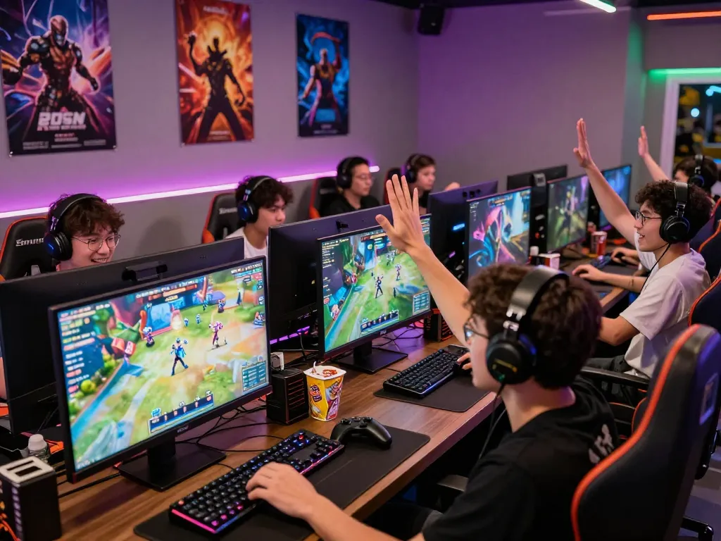 Gamers engaging in an interactive tournament with ligasedayu branding, showcasing excitement and community.