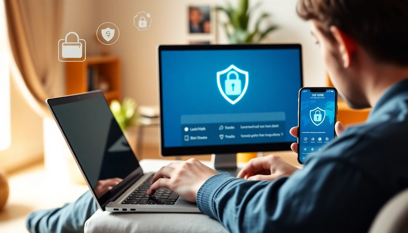 快连VPN interface shown on a laptop and smartphone, highlighting global connectivity and online security.