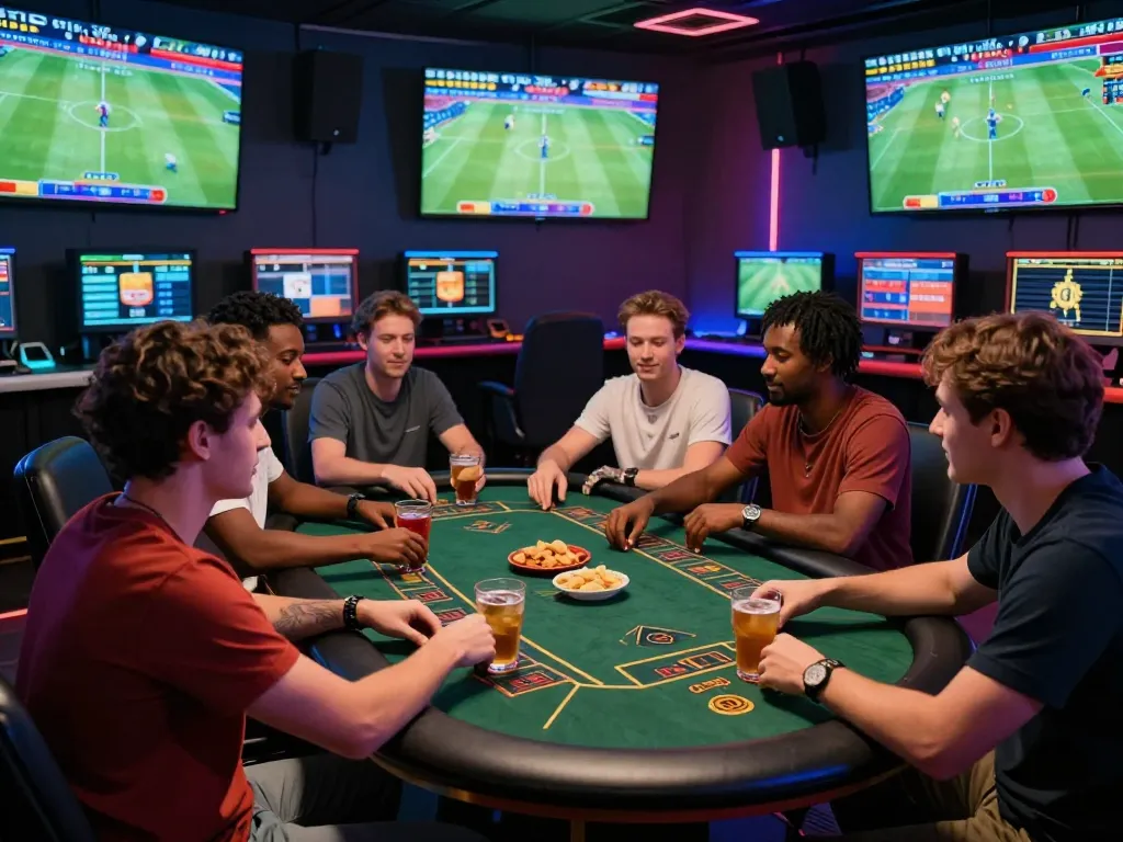 Friends enjoying the thrill of online betting at https://bong99vn.win/ with dynamic sports displays and a lively atmosphere.