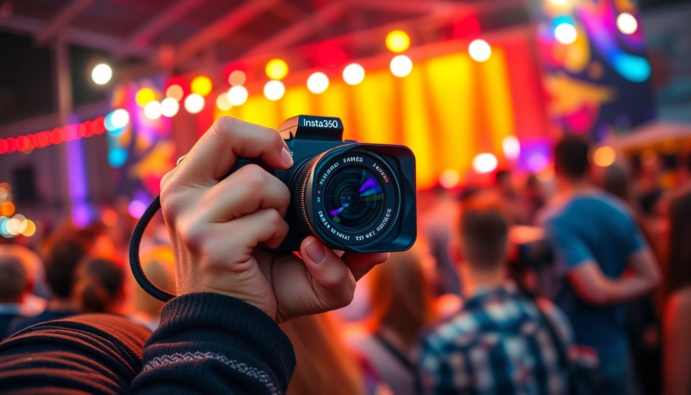 Capturing vibrant festival moments with Insta360 camera in a lively outdoor setting.