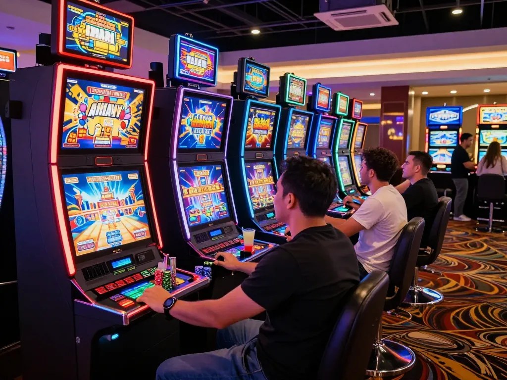 Vibrant casino scene showcasing players at vegasslot77.com slots with engaging graphics.
