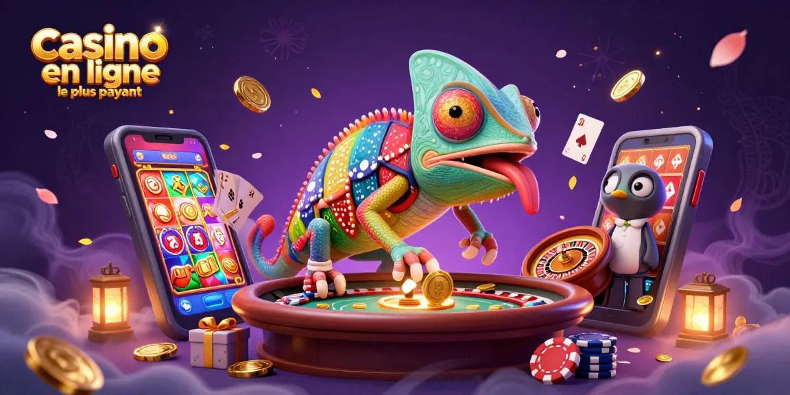 Illustration d'un chameleon propriétaire de casino, représentant le casino en ligne le plus payant avec des éléments de jeux variés.
