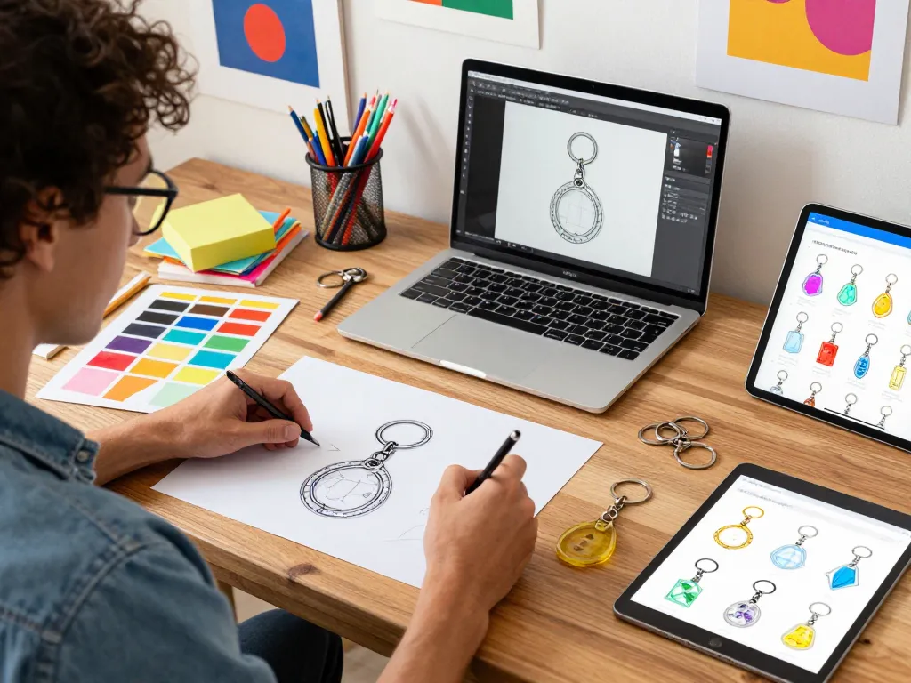 Creative workspace with custom keychains and artist designing unique acrylic and metal styles.
