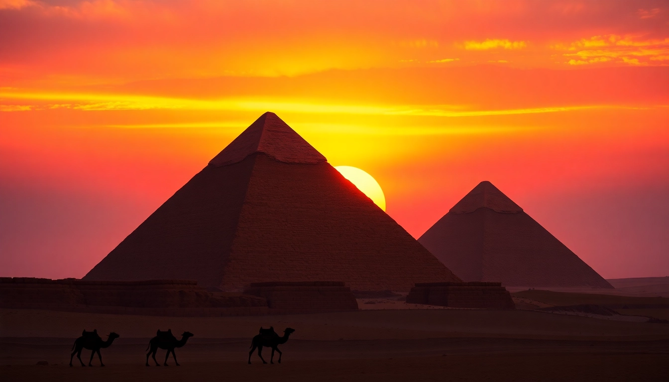 View of the Great Pyramids of Giza under a dramatic sunset, representing https://emegypt.net.