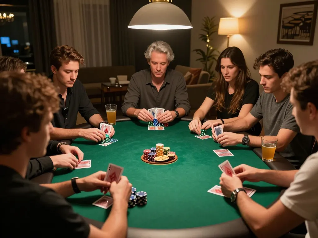 F168VIP players engaging in a friendly poker game with chips and cards in a cozy home setting.