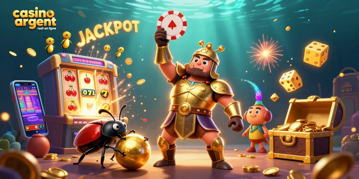 Illustration captivante du casino argent réel en ligne, avec un scarabée héroïque brandissant un jeton et des éléments de jackpots autour.