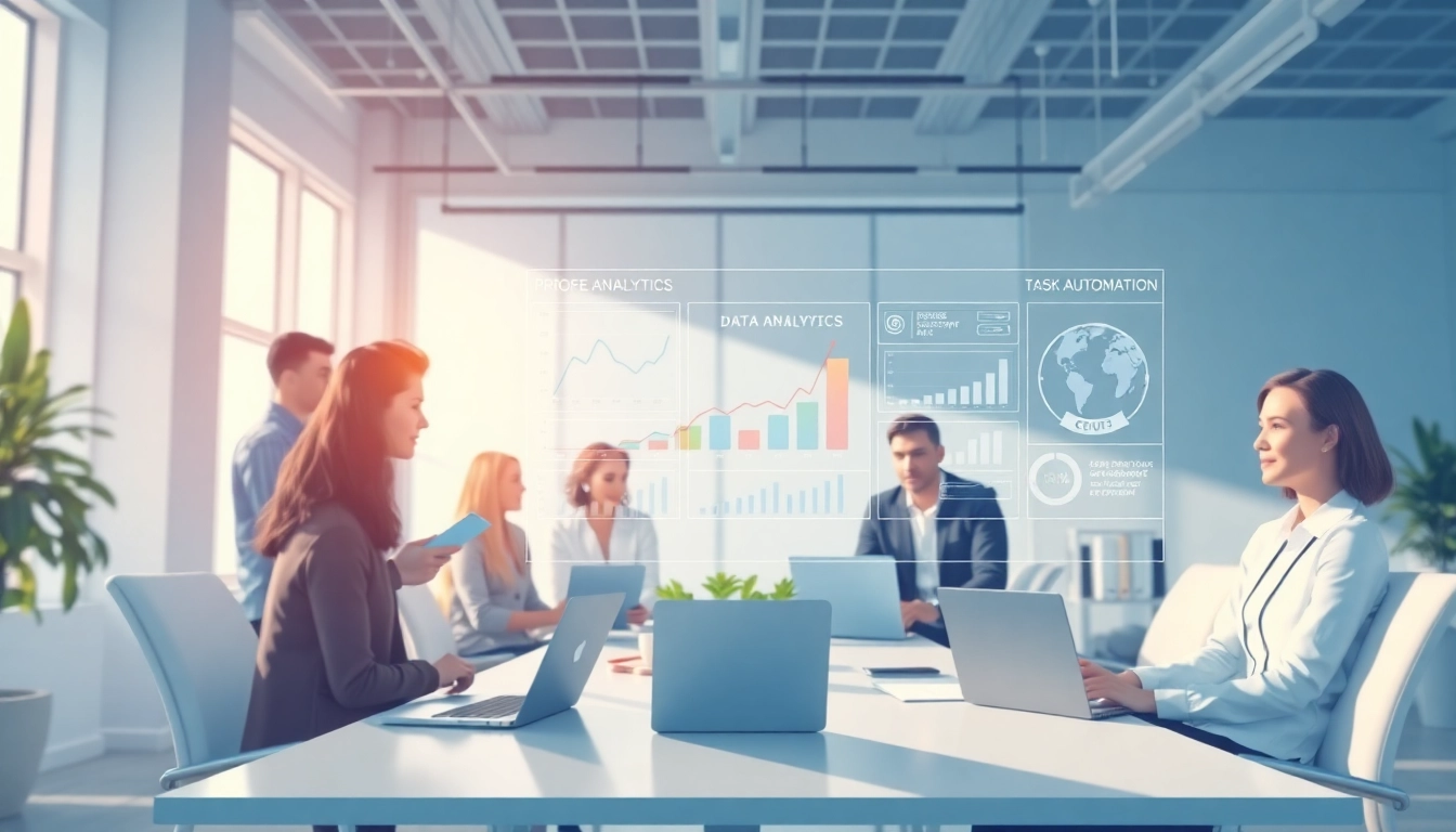 Showcase an enterprise ai assistant enhancing collaboration in a modern office setting.