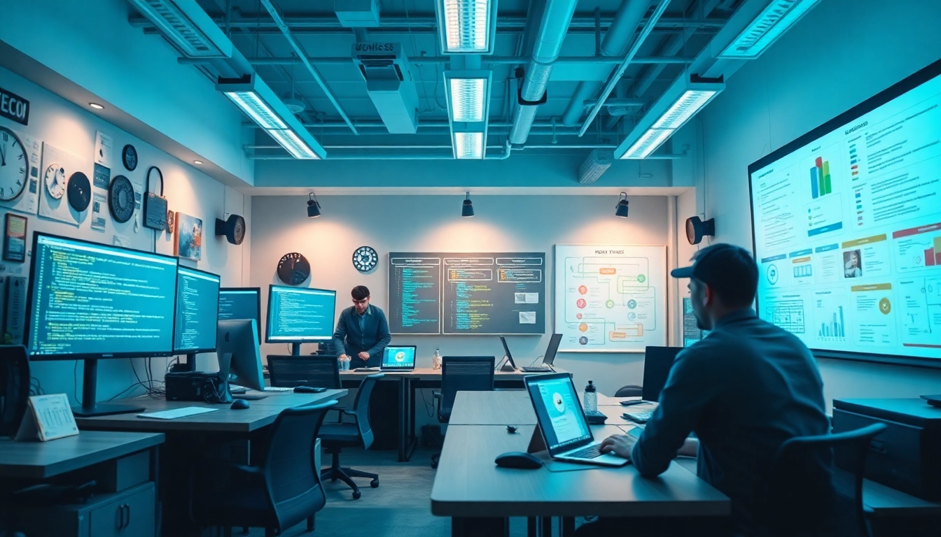 Software engineering workspace featuring modern tech and coding elements in a professional setting.