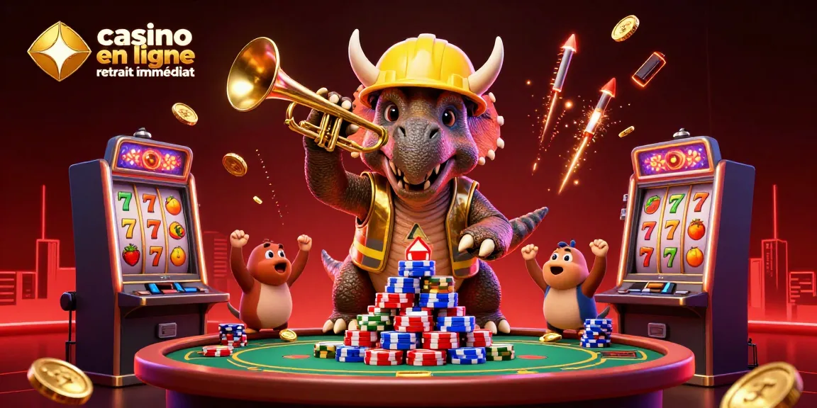 Découvrez l'animation festive avec un triceratops et une ambiance de casino en ligne retrait immédiat, festoyant avec des jetons et des machines à sous.