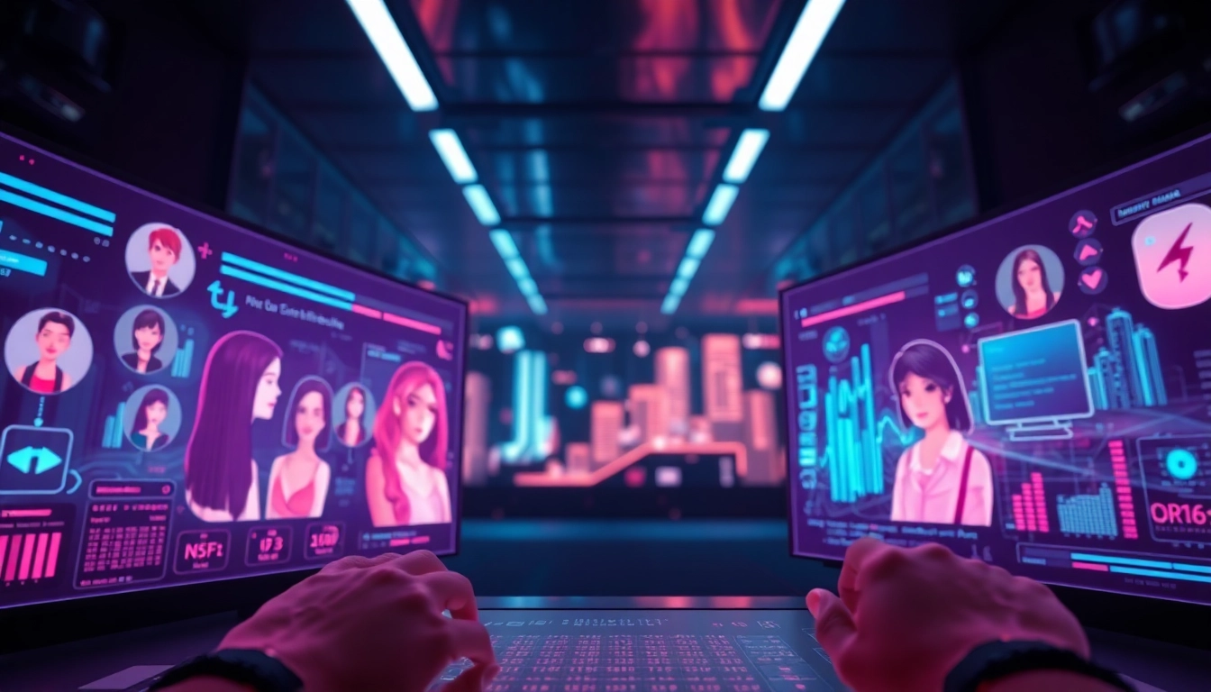 Immersive digital scene of NSFW AI technology with interactive characters and engaging interfaces.