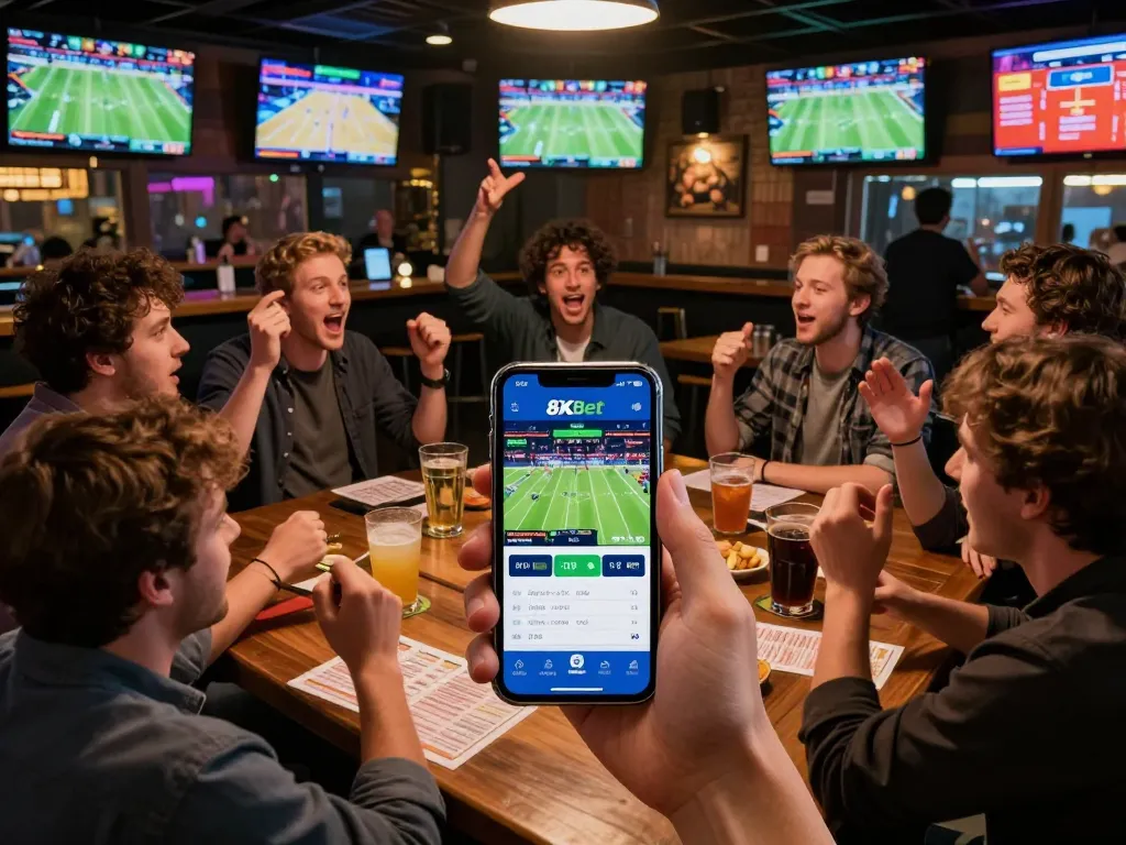 Fans placing bets on the 8xbet app while enjoying a live sports event, capturing the excitement of sports betting.