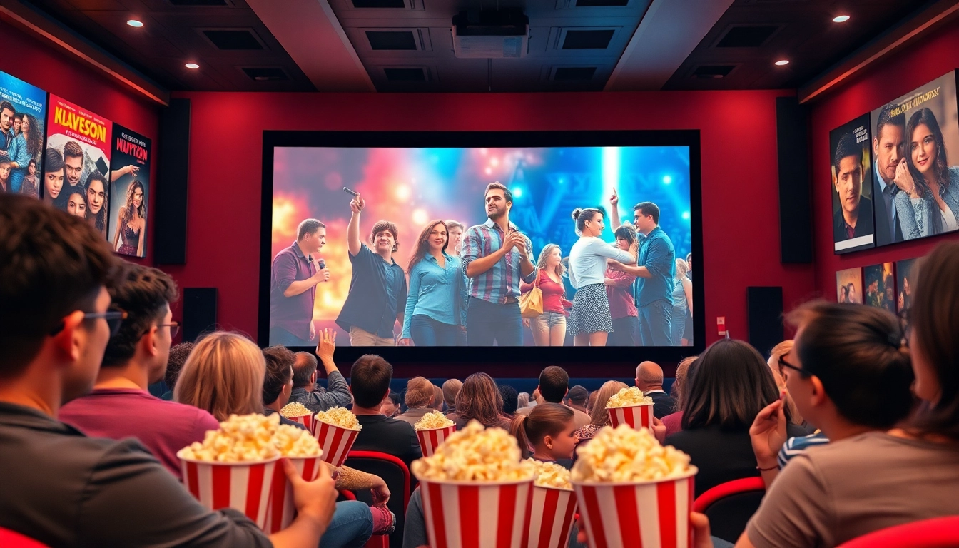 Viewers enjoying ดูหนัง in a lively movie theater atmosphere with vibrant colors.
