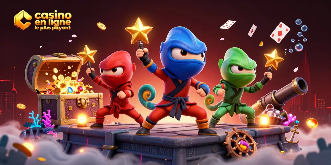 Illustration captivante de casino en ligne le plus payant avec des ninjas caméléons et des éléments de jeu