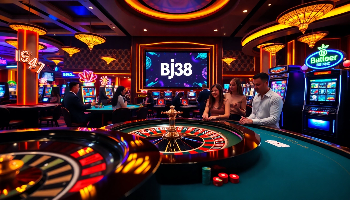 Engaging players enjoy various games at BJ38's vibrant casino, highlighting exciting gambling experiences.