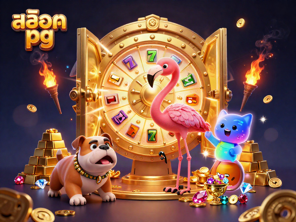 Engage with สล็อต pg's exciting jackpots and dynamic gameplay in this vibrant 3D casino scene.