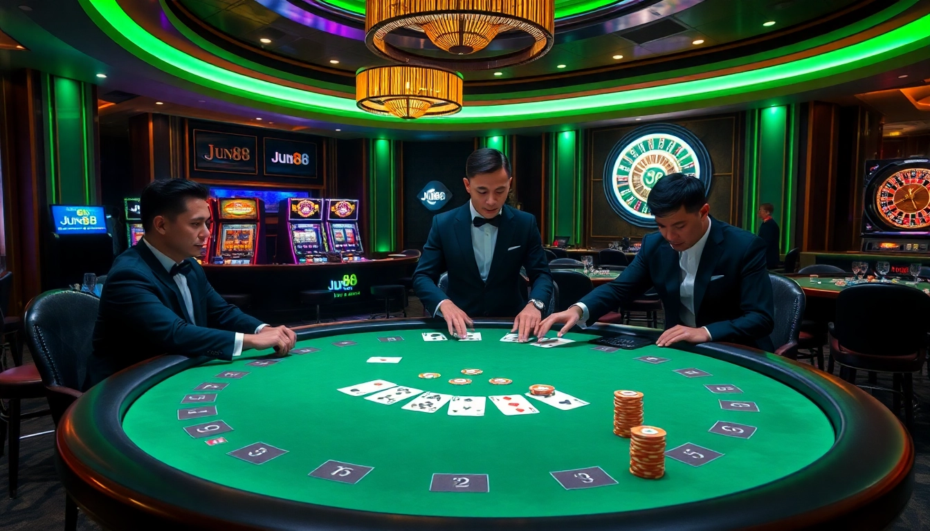 Experience the excitement of Jun88 with a high-stakes poker game in a luxurious casino setting.