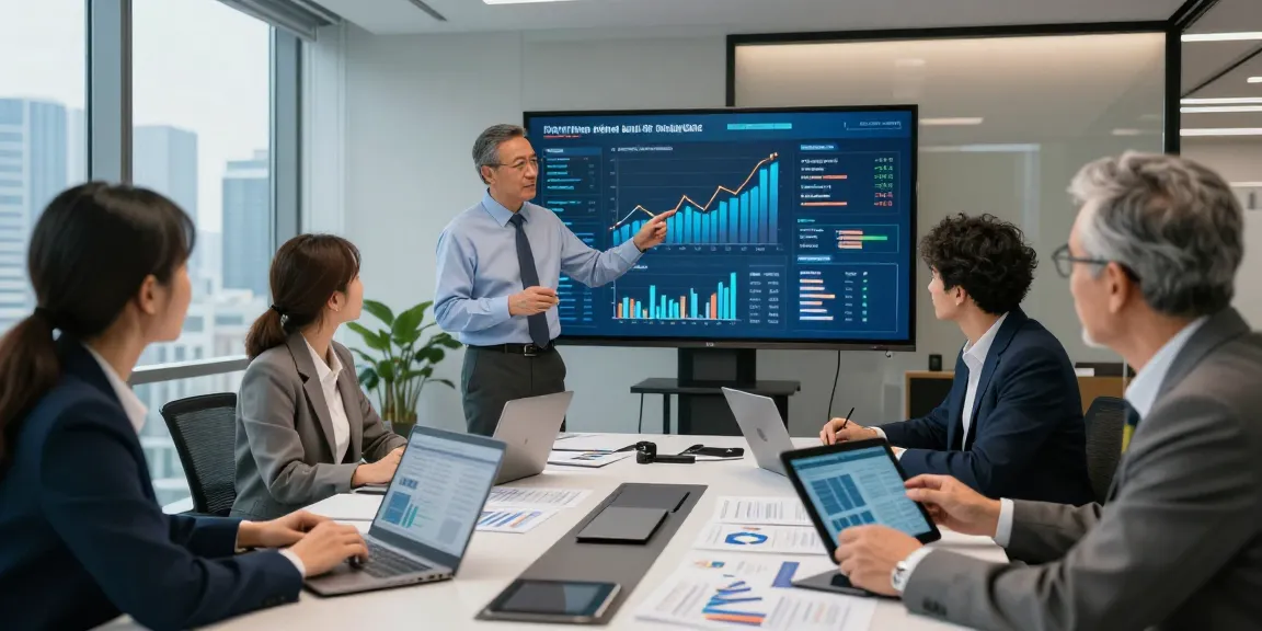 Team discussing financial crime intelligence in a modern conference room with a digital dashboard.