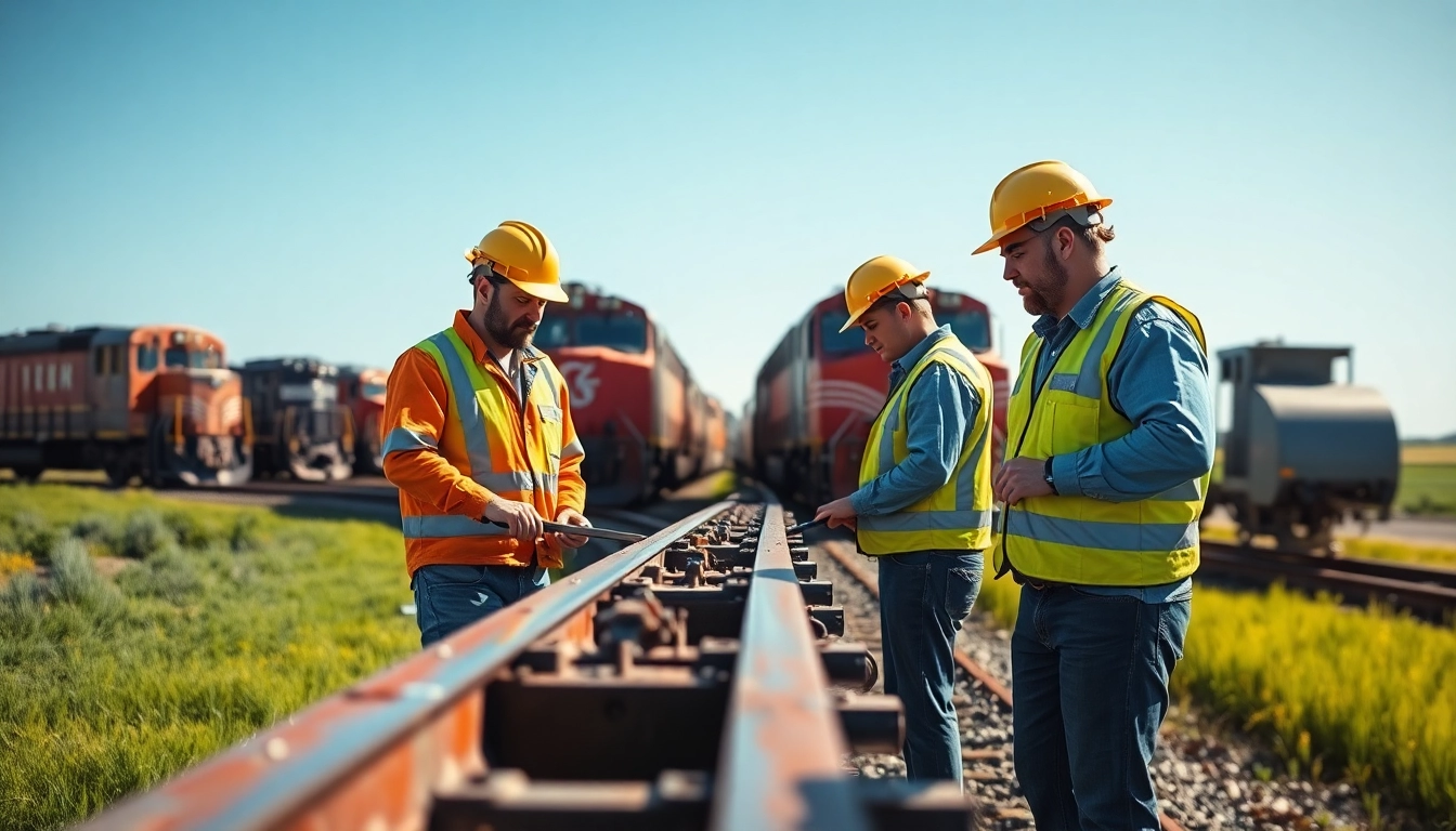 Great plains rail contractors collaborating on a railway project amid a vibrant landscape.