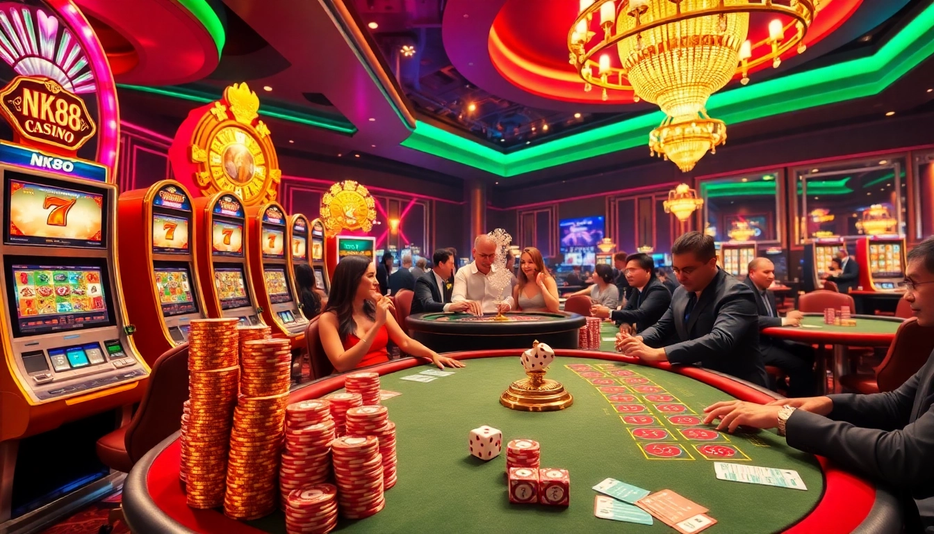Players enjoying games at luxurious NK88 casino, with vibrant tables and exciting atmosphere.