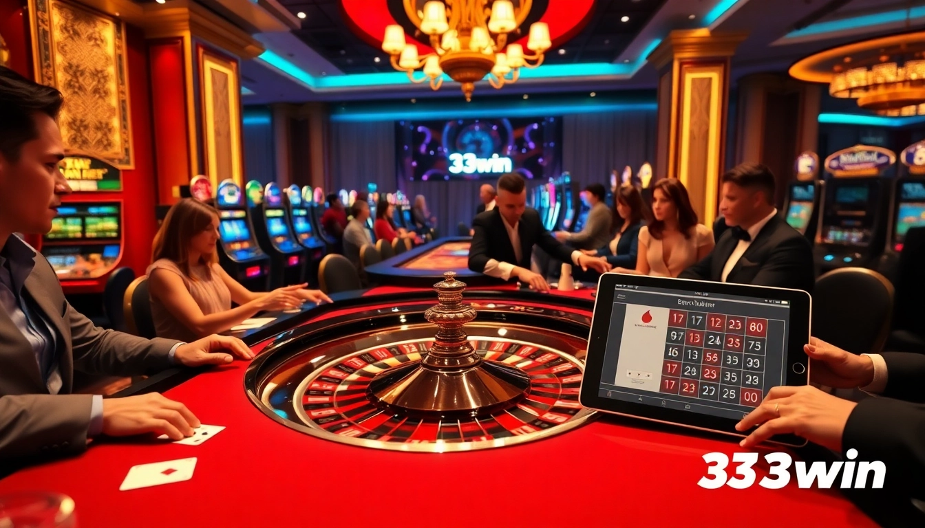 33win players engaging in a thrilling roulette game amidst a vibrant casino atmosphere.