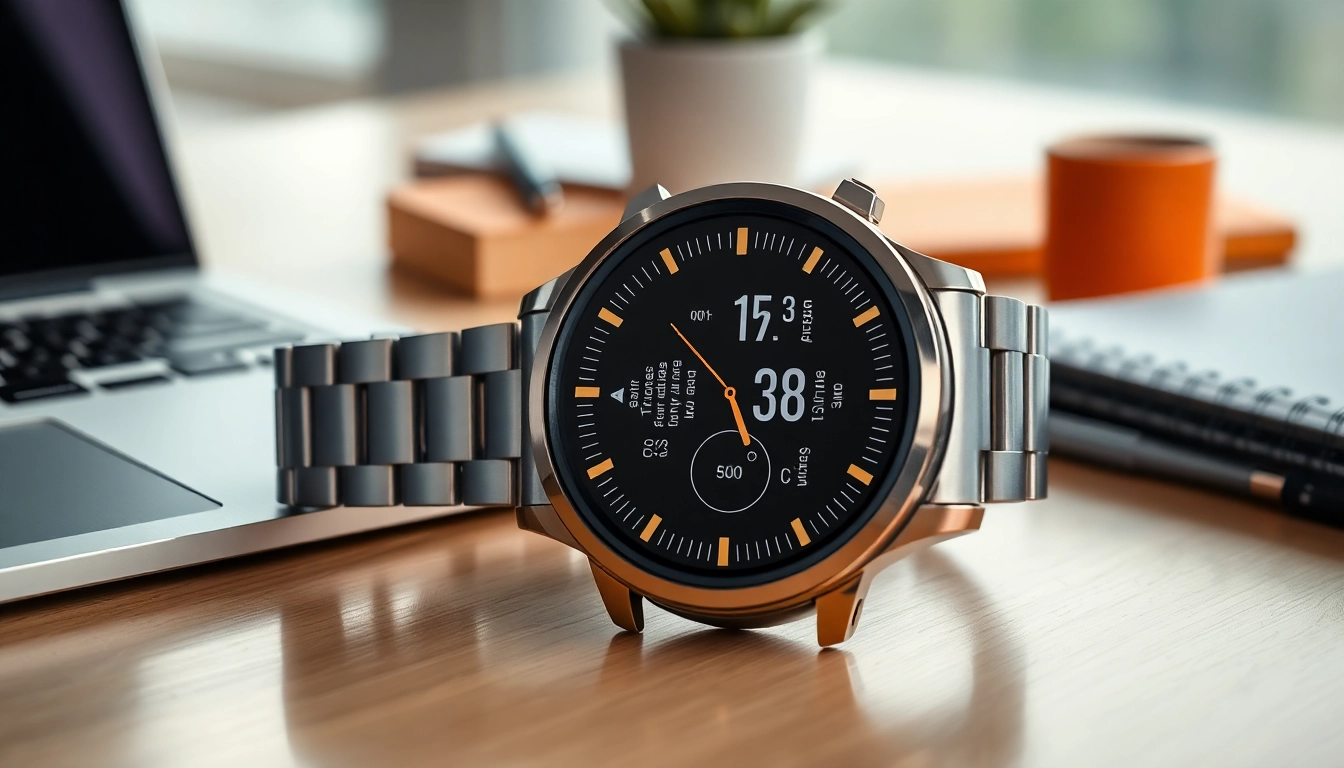Showcasing the Ringconn smartwatch on a modern desk with vibrant display and sleek design.