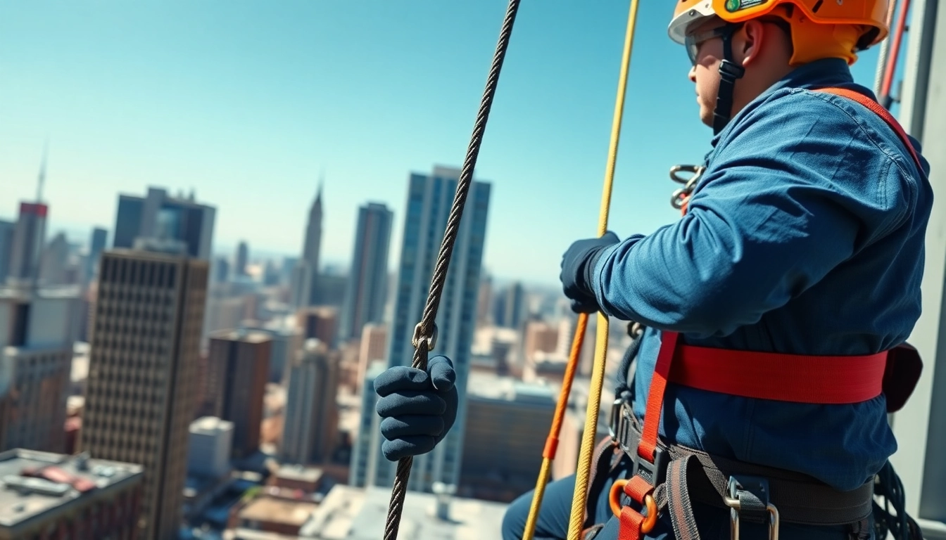 Technician demonstrating industrial rope access techniques while securing safety gear on a high-rise building.