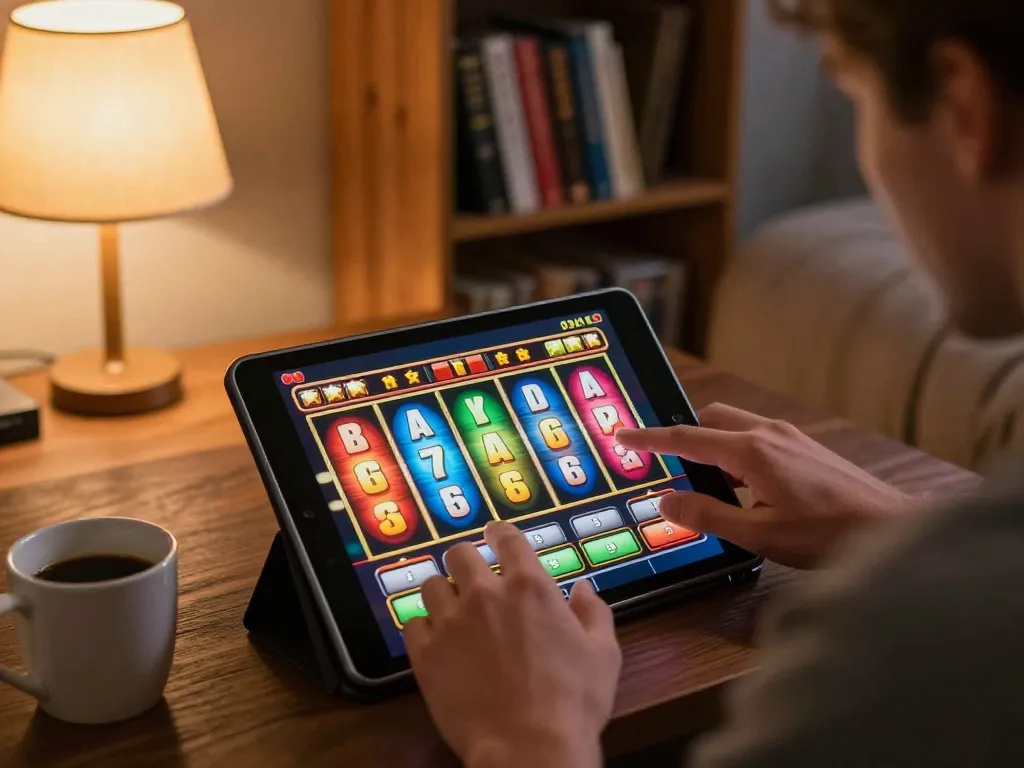 Player enjoying an exciting alexis77 slot game on a tablet in a cozy home environment