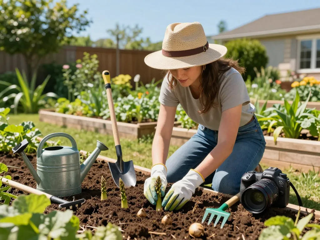 Asperges kweken in a colorful home garden with seedlings and gardening tools.